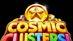 Tampilan visual slot Cosmic Clusters dengan tema luar angkasa neon